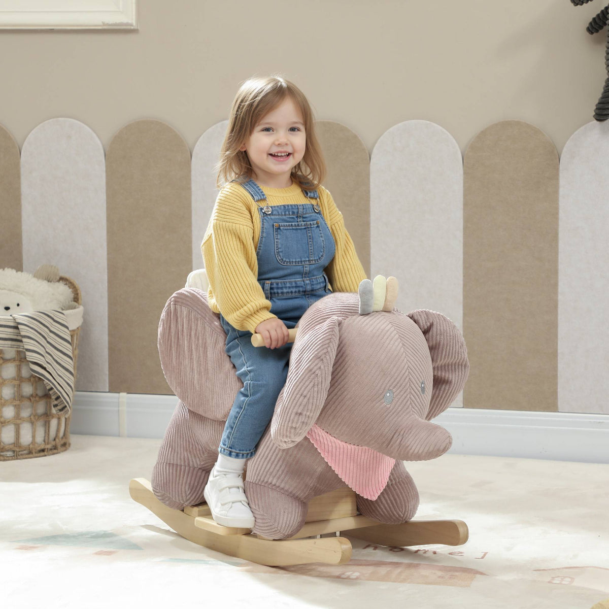 Olifantenschommel met geluid, houten frame, voor kinderen van 1,5-3 jaar, bruin