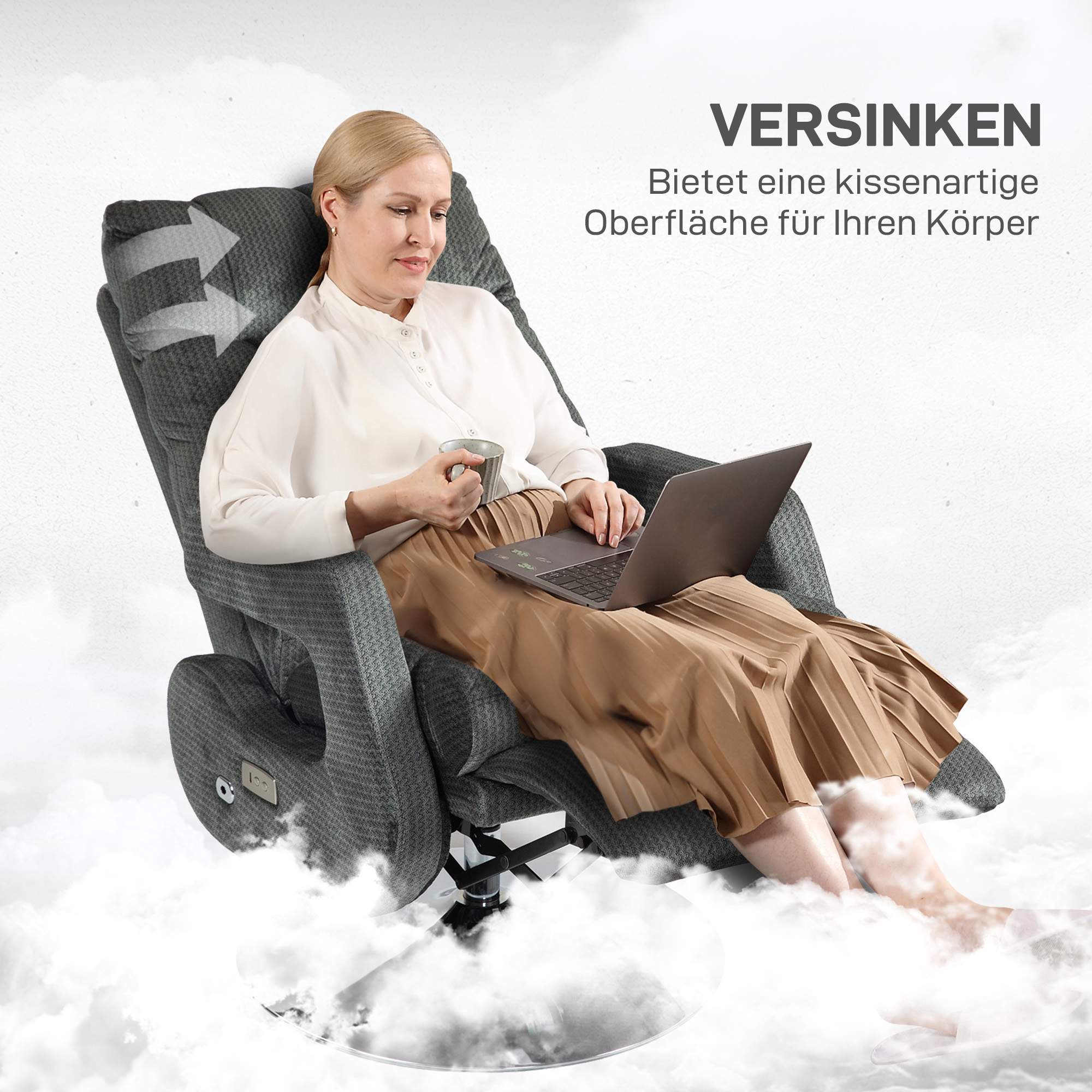 Elektrisk fåtölj med USB, sammet, snurrande, grå