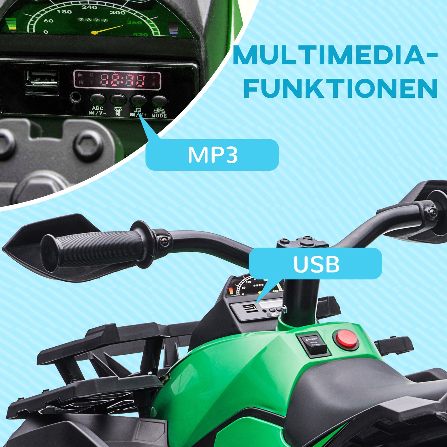 Elektrische kinderquad, vooruit & achteruit, MP3 & koplampen
