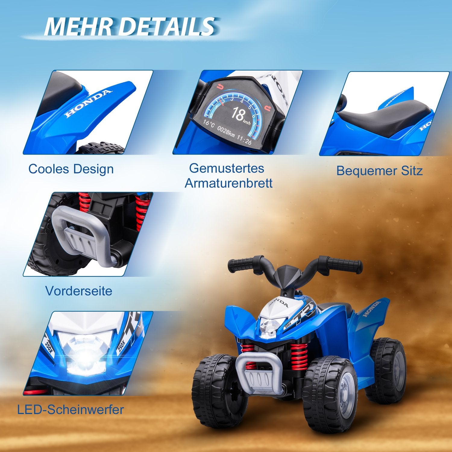 Elektrische quad voor kinderen met ledverlichting en claxon, metallic blauw