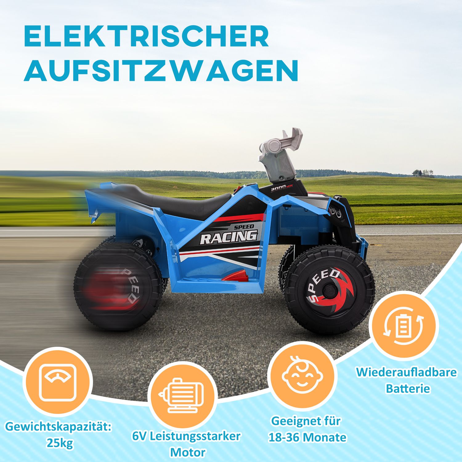Elektrische quad voor kinderen met vooruit en achteruit, 6V, 2,5 km/u, 1,5–3 jaar