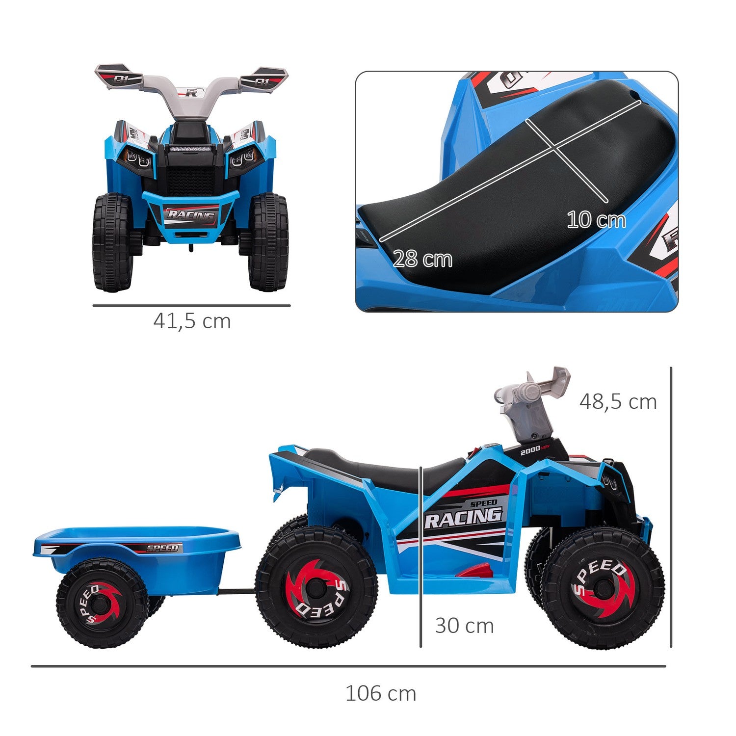 Elektrische kinderquad met aanhanger, 6V, blauw, 1,5-3 jaar