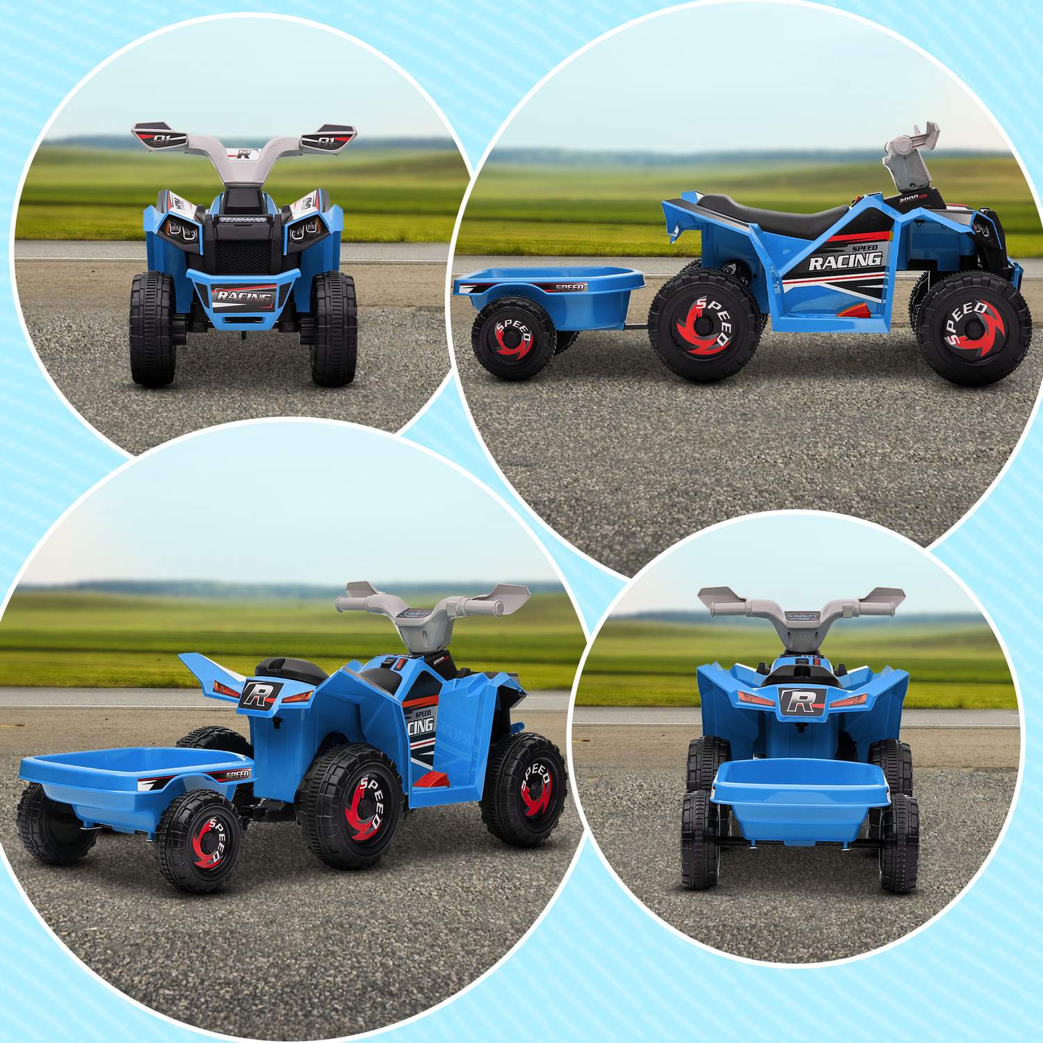 Elektrische kinderquad met aanhanger, 6V, blauw, 1,5-3 jaar