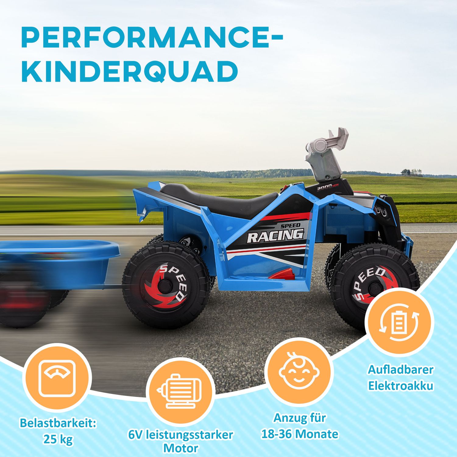 Elektrische kinderquad met aanhanger, 6V, blauw, 1,5-3 jaar