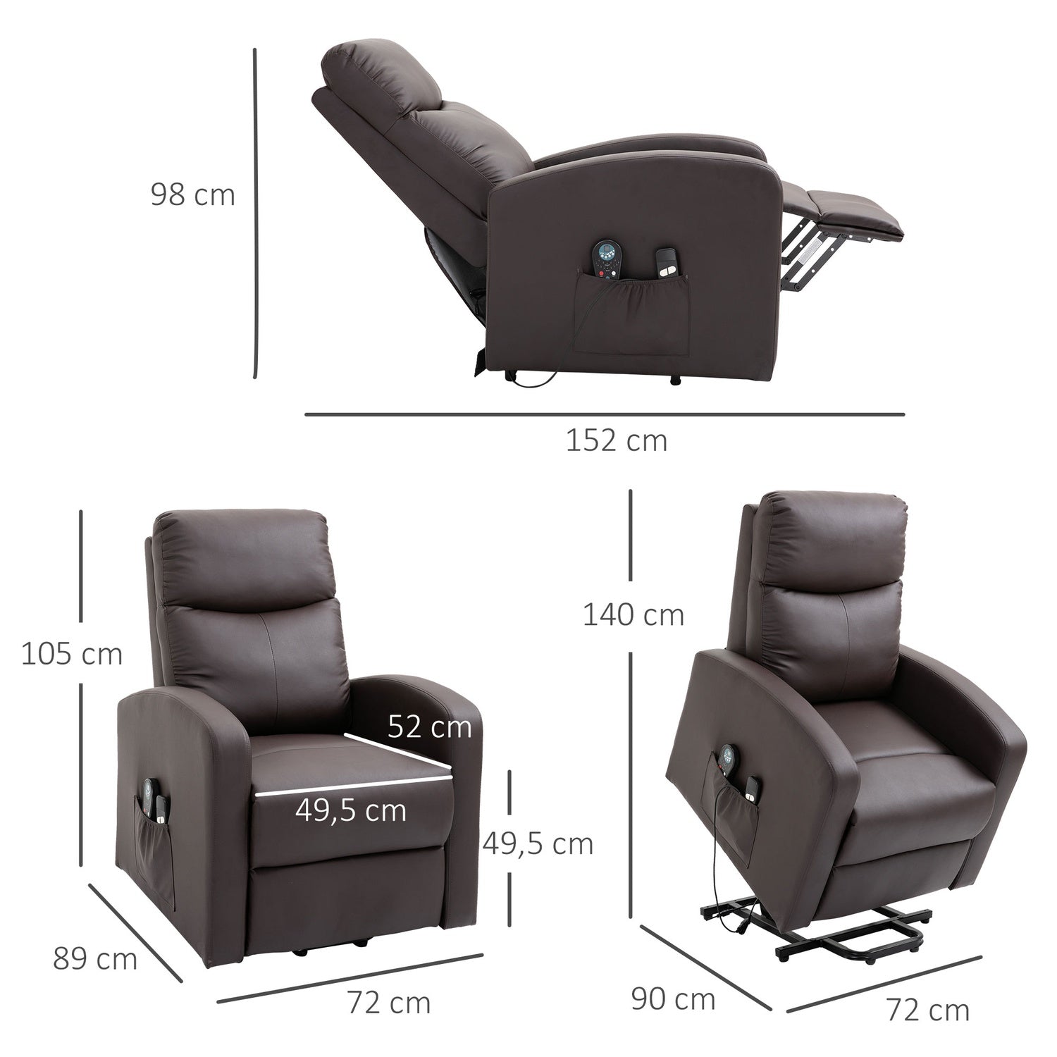 Elektrische massagestoel, liggend met sta-opondersteuning, bruin