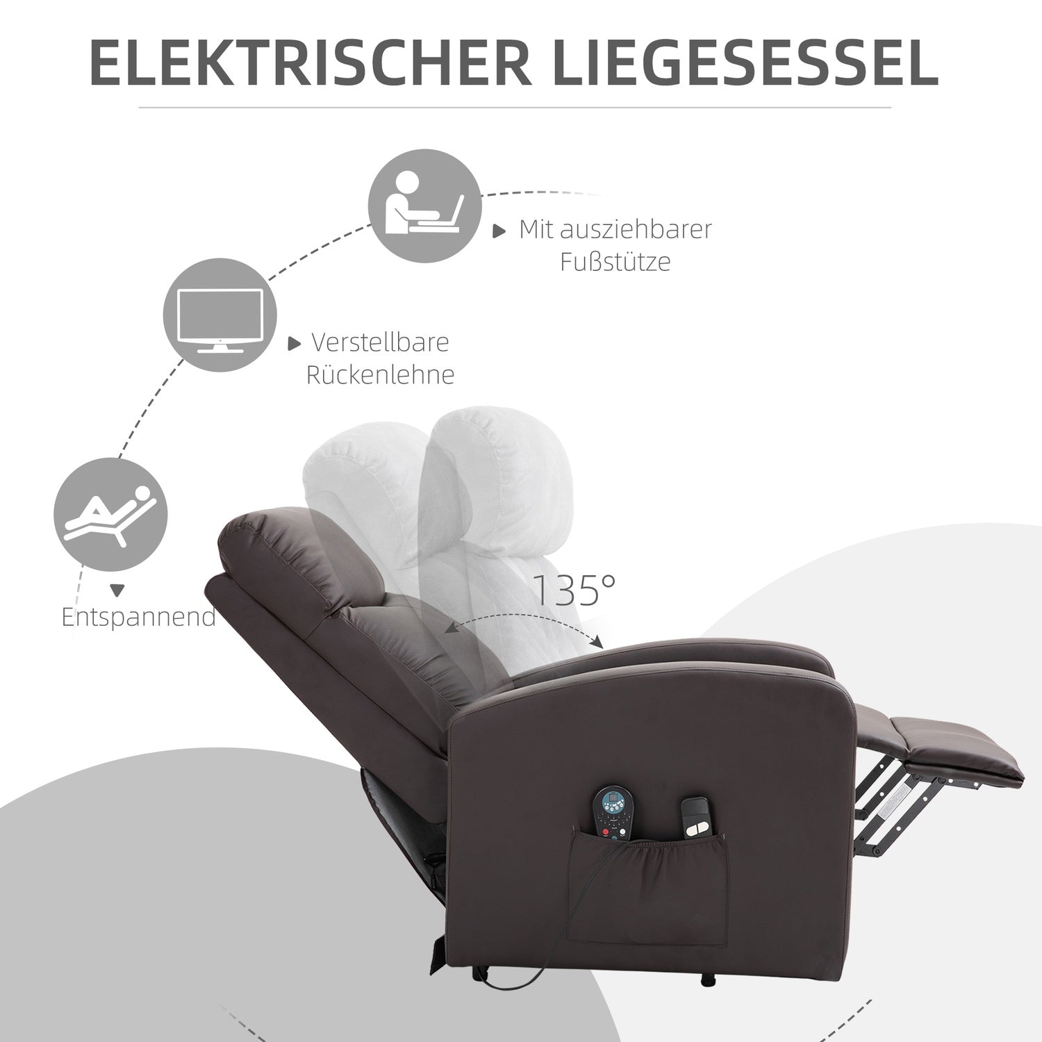 Elektrische massagestoel, liggend met sta-opondersteuning, bruin