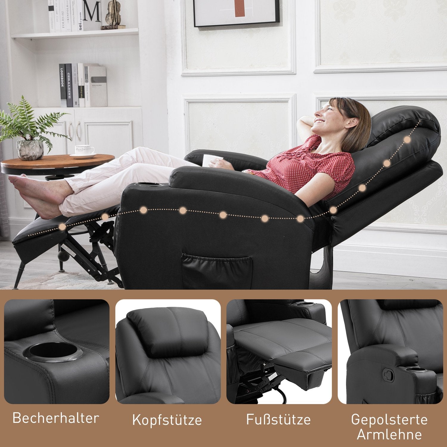 Elektrische massagestoel, liggend, 5 standen, zwart kunstleer