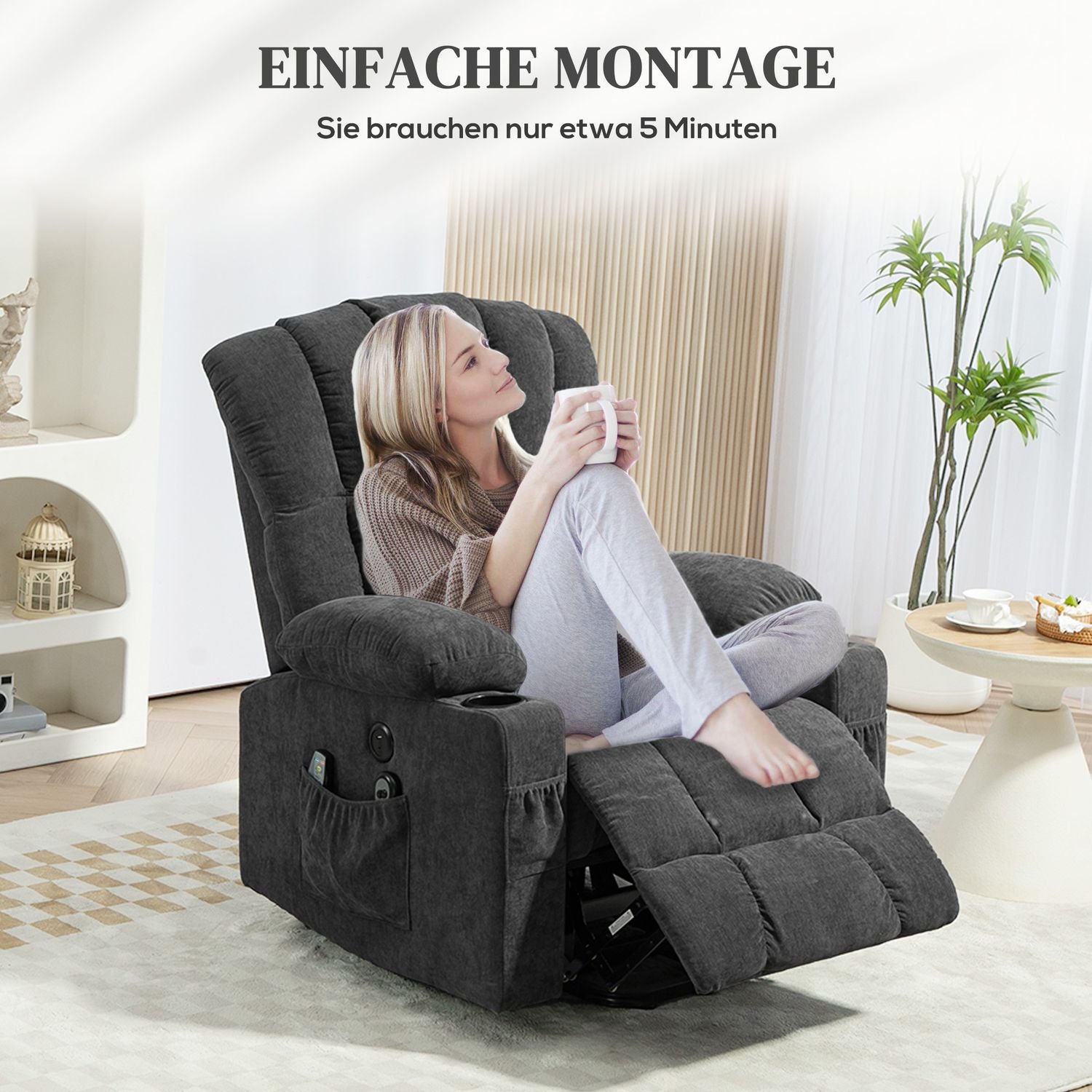 Chaise longue électrique – massage, chauffage, ports USB, gris foncé