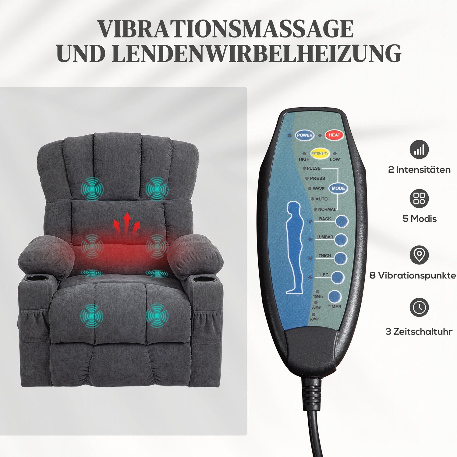 Chaise longue électrique – massage, chauffage, ports USB, gris foncé