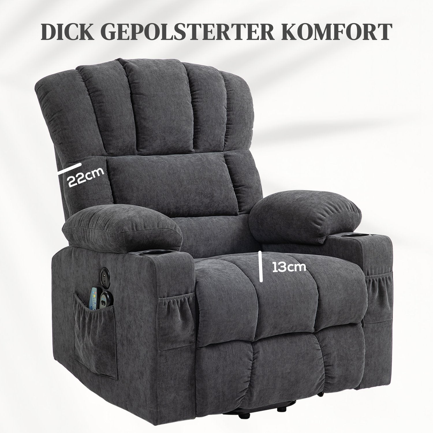 Chaise longue électrique – massage, chauffage, ports USB, gris foncé