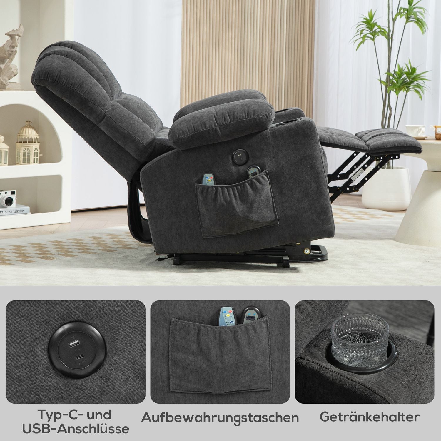 Chaise longue électrique – massage, chauffage, ports USB, gris foncé