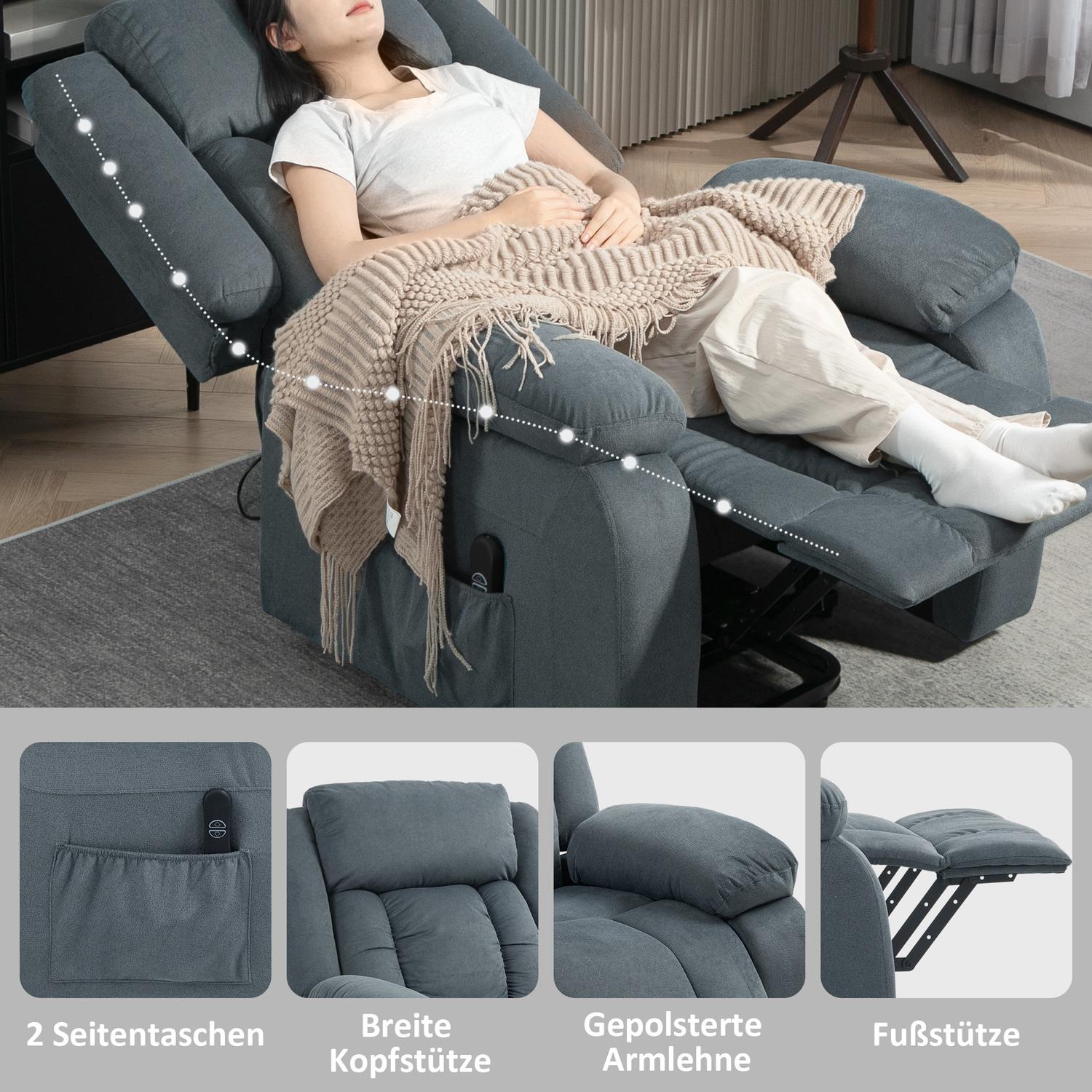 Poltrona relax elettrica con telecomando e tasca laterale, velluto grigio