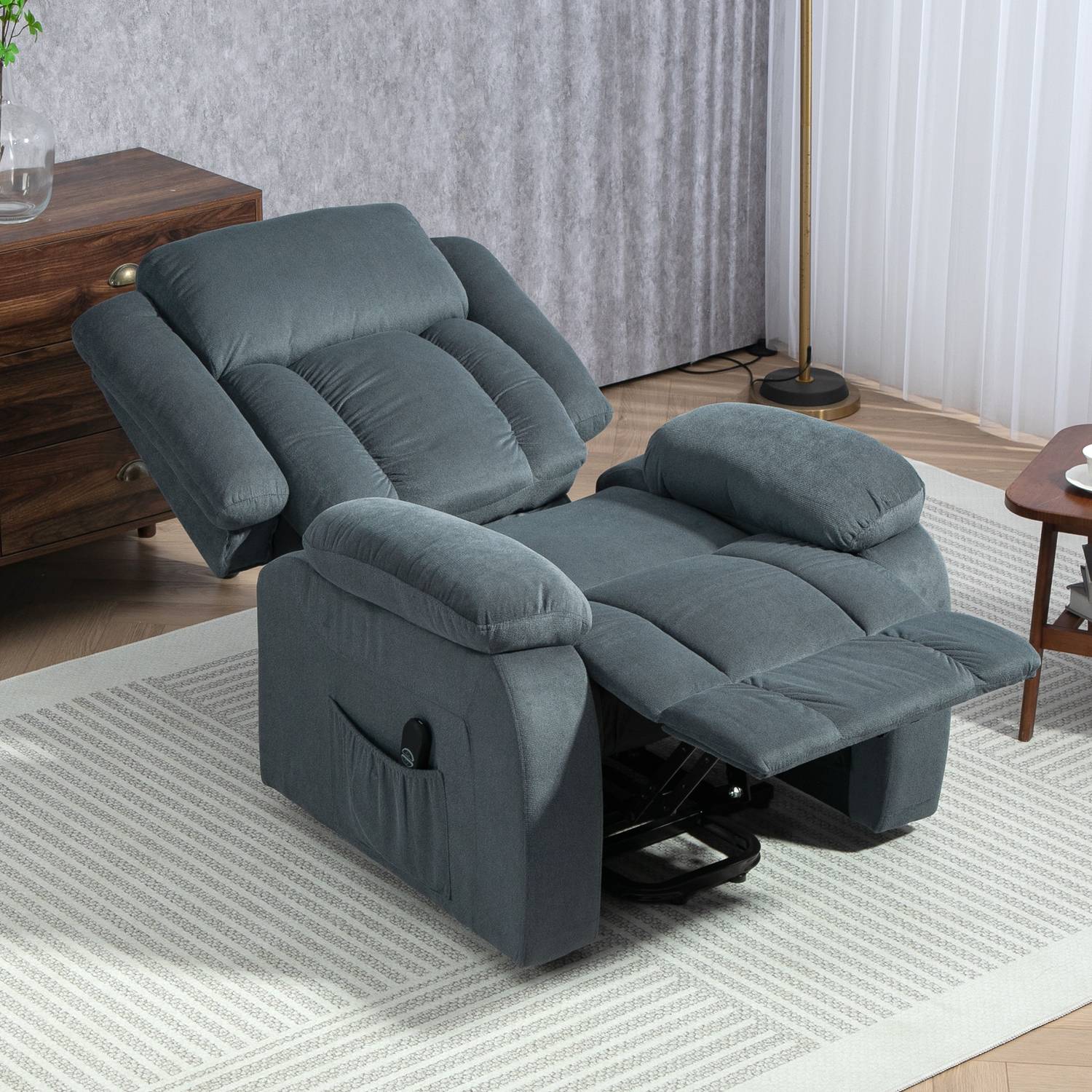 Poltrona relax elettrica con telecomando e tasca laterale, velluto grigio