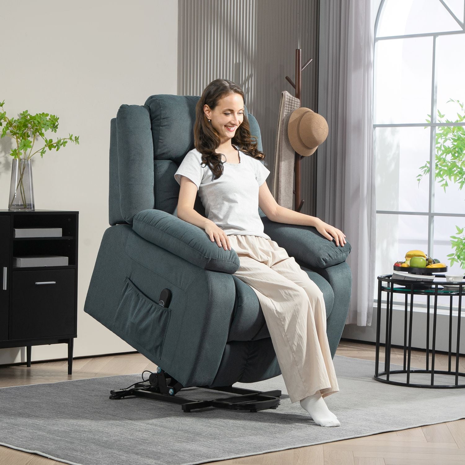 Poltrona relax elettrica con telecomando e tasca laterale, velluto grigio