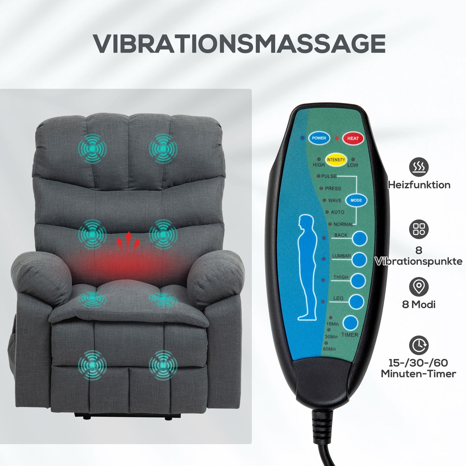 Elektrisk vilstol med hiss, massage, mörkgrå tyg