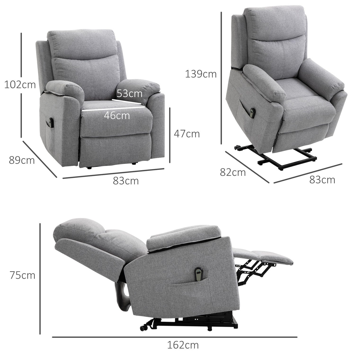 Elektrische relaxfauteuil – sta-op-hulp, 1 motor, grijs