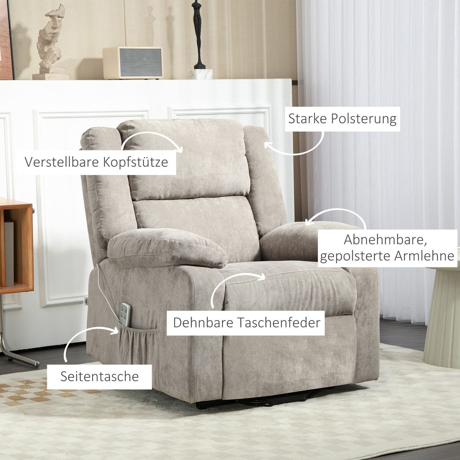 Elektrische relaxfauteuil, sta-opfunctie, pocketvering, lichtgrijs