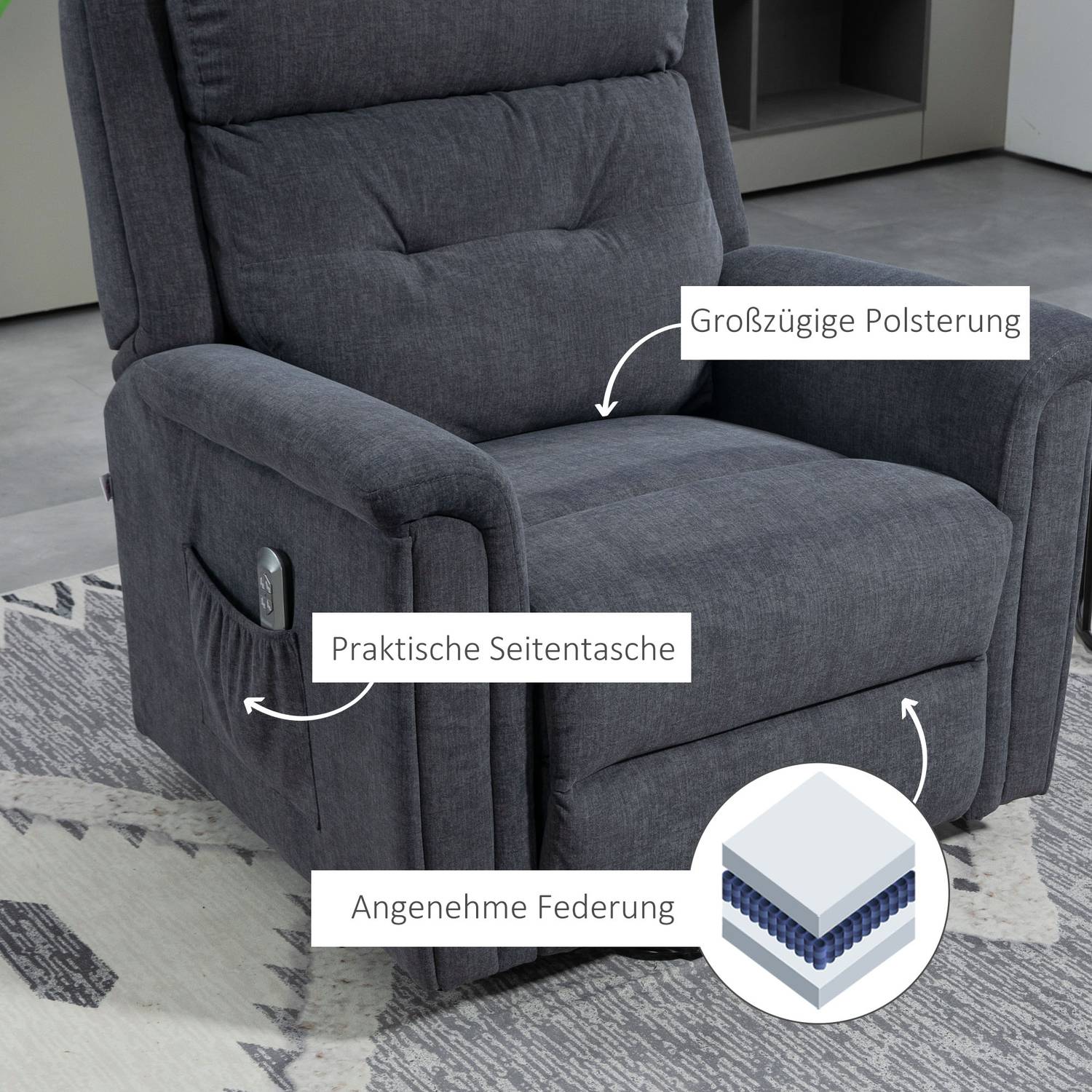 Elektrische relaxfauteuil, sta-op-hulp, afstandsbediening, donkergrijs