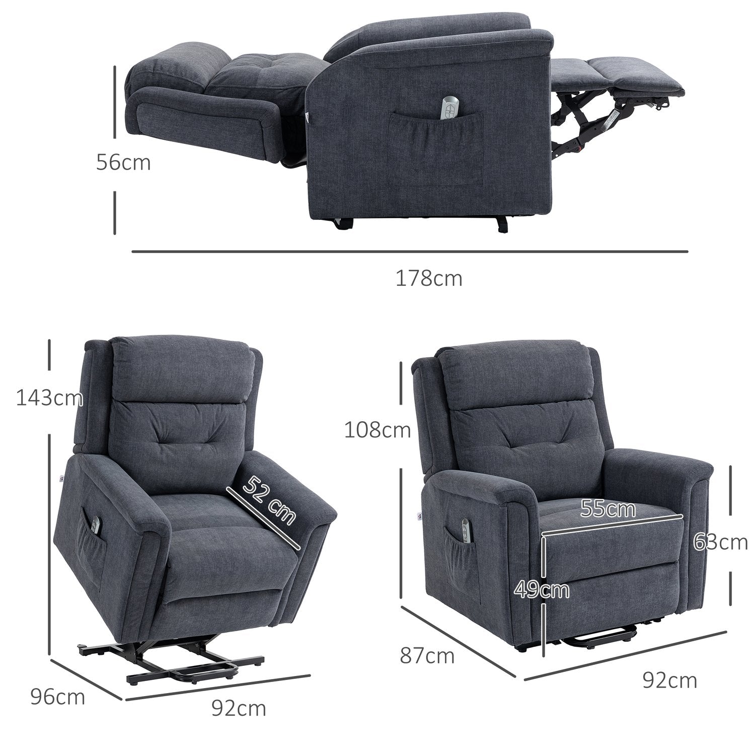 Elektrische relaxfauteuil, sta-op-hulp, afstandsbediening, donkergrijs