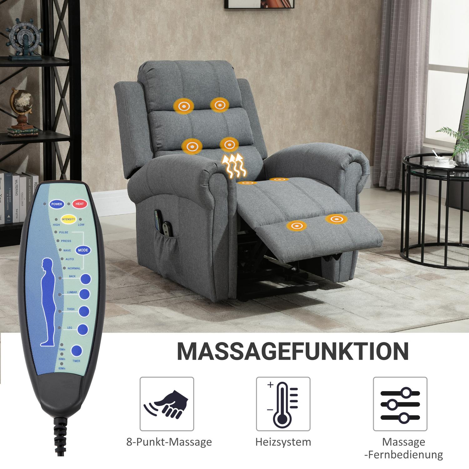 Sta-op stoel, Massage & Warmte, Afstandsbediening, Grijs Linnen