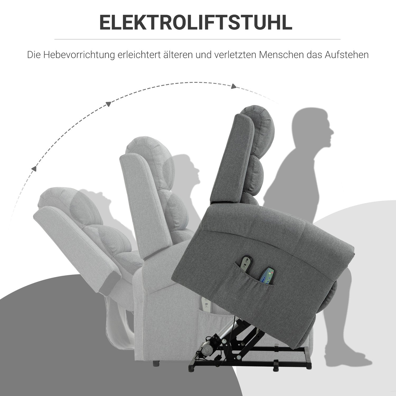 Sta-op stoel, Massage & Warmte, Afstandsbediening, Grijs Linnen