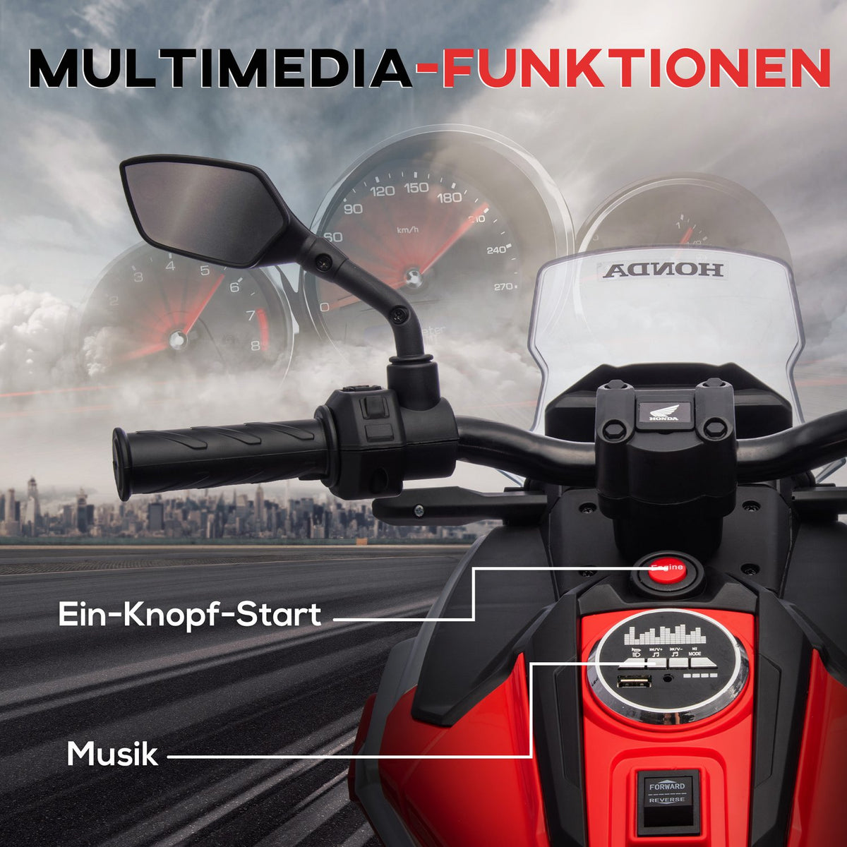 Kinderelektromotor, 12V met MP3, USB, LED-verlichting, rood