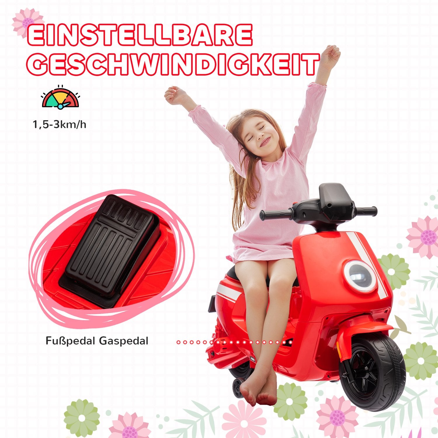 Elektrische kindermotor, 6V, muziek & licht, rood
