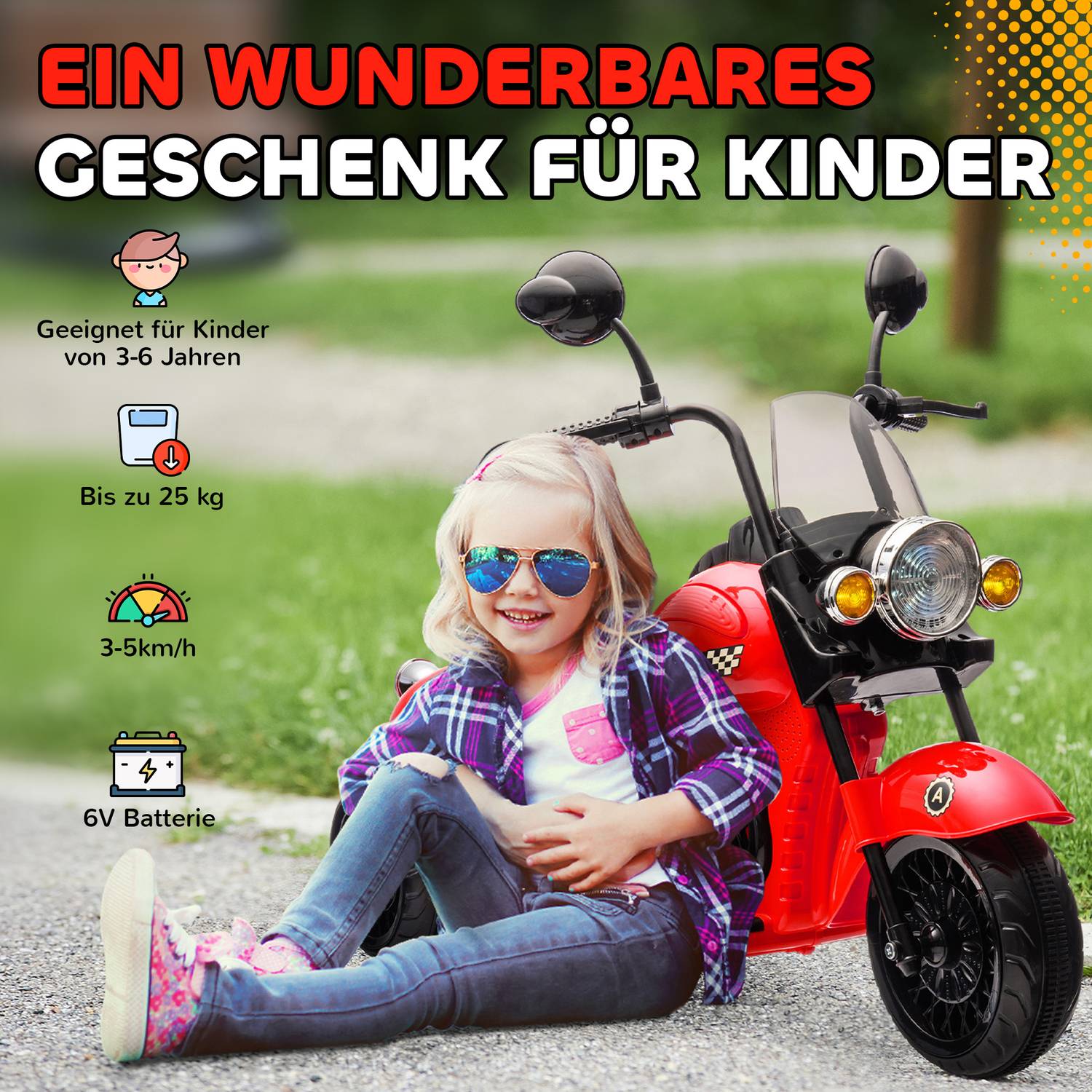 Elektrische kindermotor, LED, Muziek, 3-6 jaar, Rood
