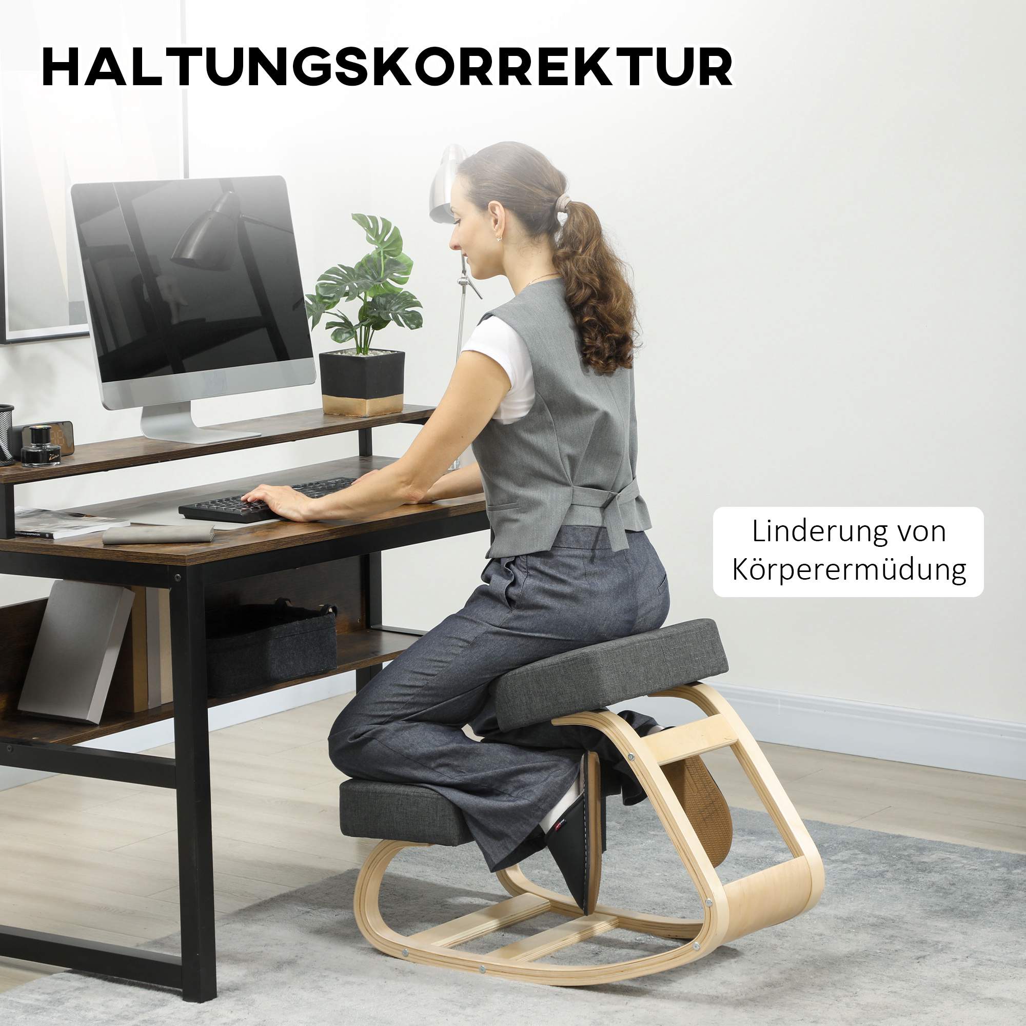 Ergonomisk knäböjstol, björkträ, 120 kg kapacitet, mörkgrå