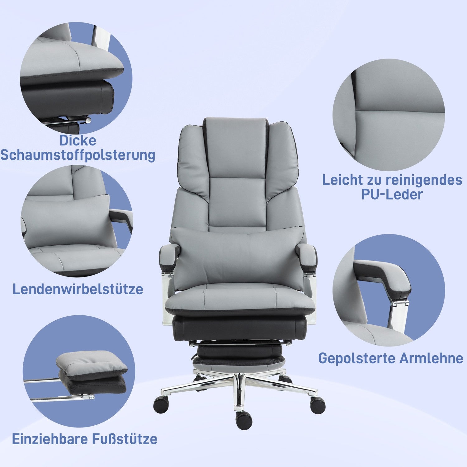 Ergonomischer Bürostuhl, wippend, 180 kg Belastung, hellgraues Leder
