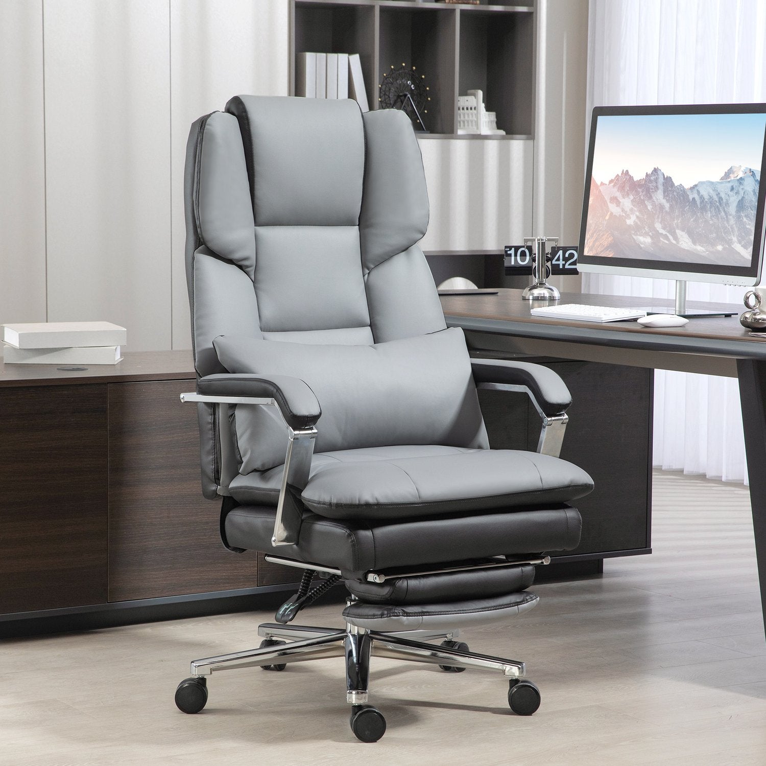 Ergonomischer Bürostuhl, wippend, 180 kg Belastung, hellgraues Leder