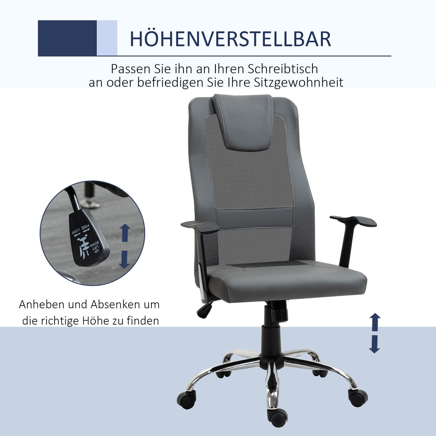 Ergonomische bureaustoel in grijs kunstleer verstelbaar