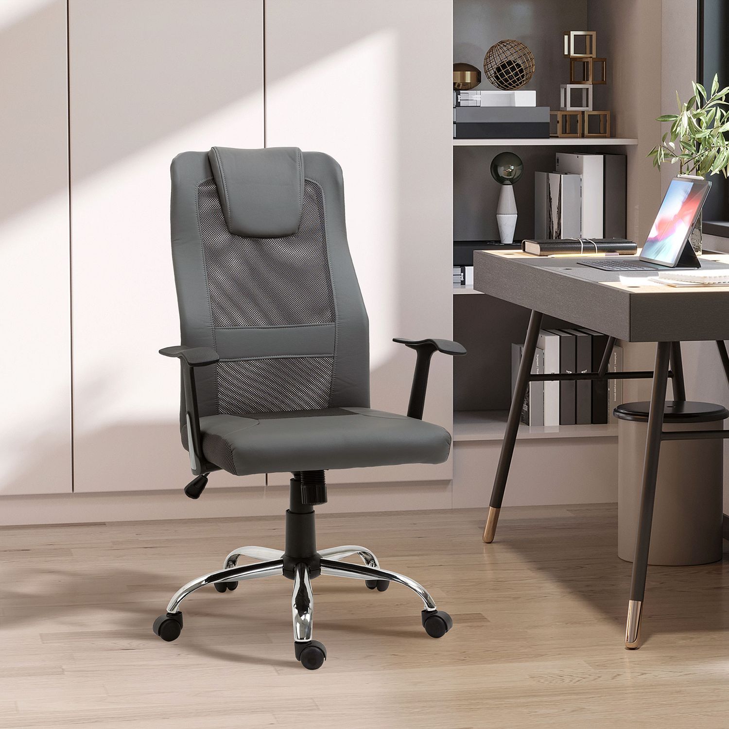 Ergonomische bureaustoel in grijs kunstleer verstelbaar