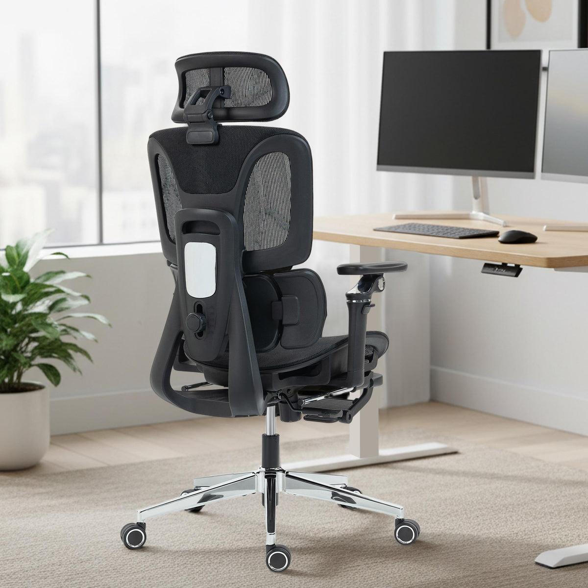 Ergonomische bureaustoel, verstelbare lenden- en neksteun, zwart mesh