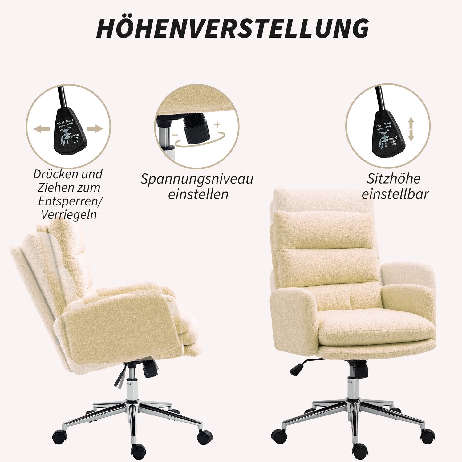 Chaise de bureau ergonomique, aspect laine d'agneau, réglable en hauteur