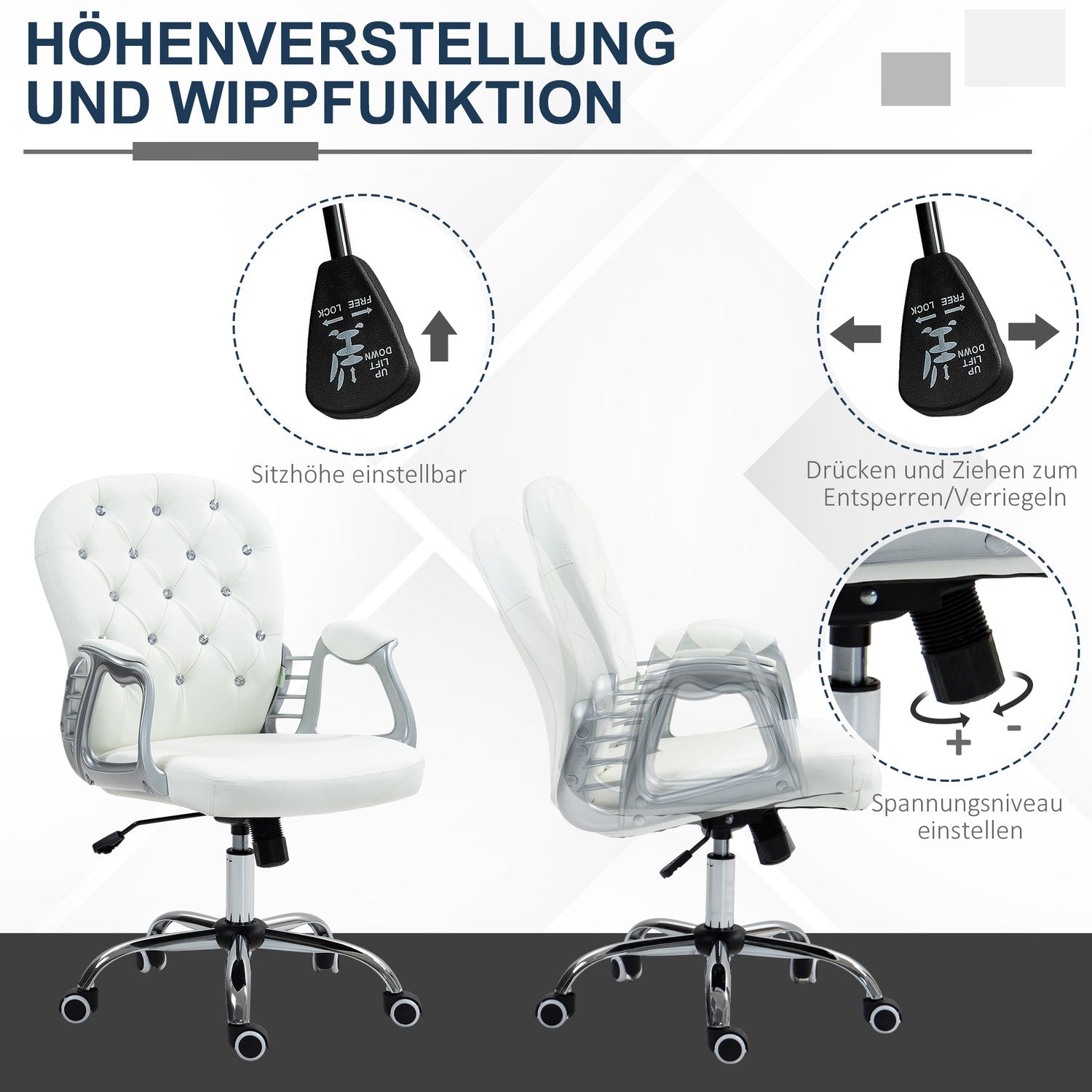 Ergonomisk kontorsstol med armstöd, vit läder-look