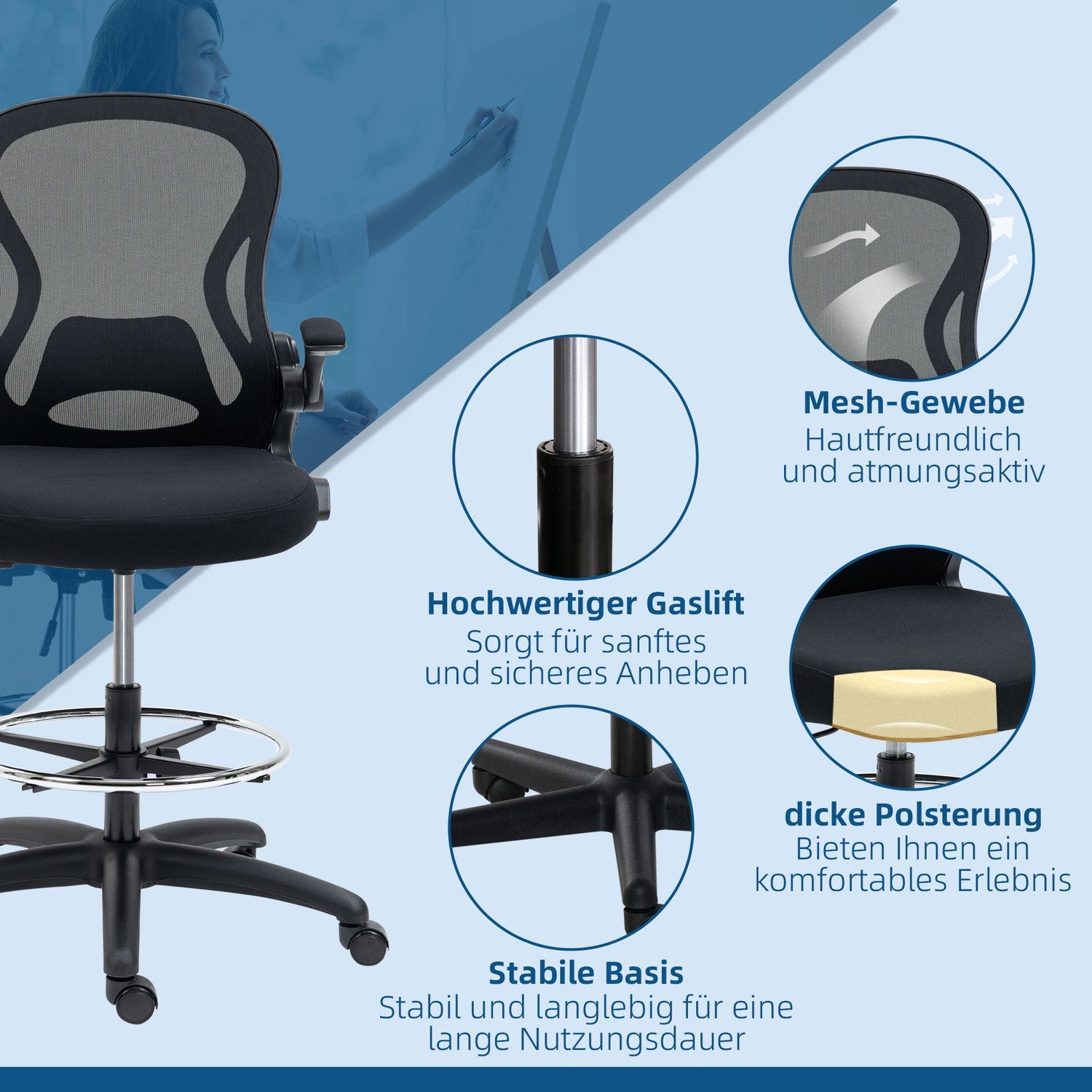 Ergonomischer Bürostuhl mit Rädern & Lendenstütze, schwarz