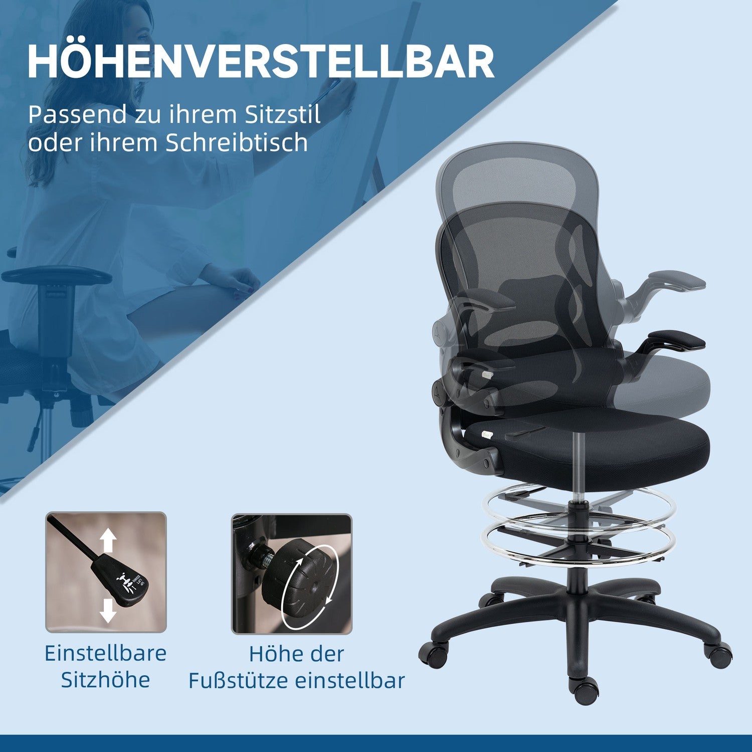 Ergonomischer Bürostuhl mit Rädern & Lendenstütze, schwarz
