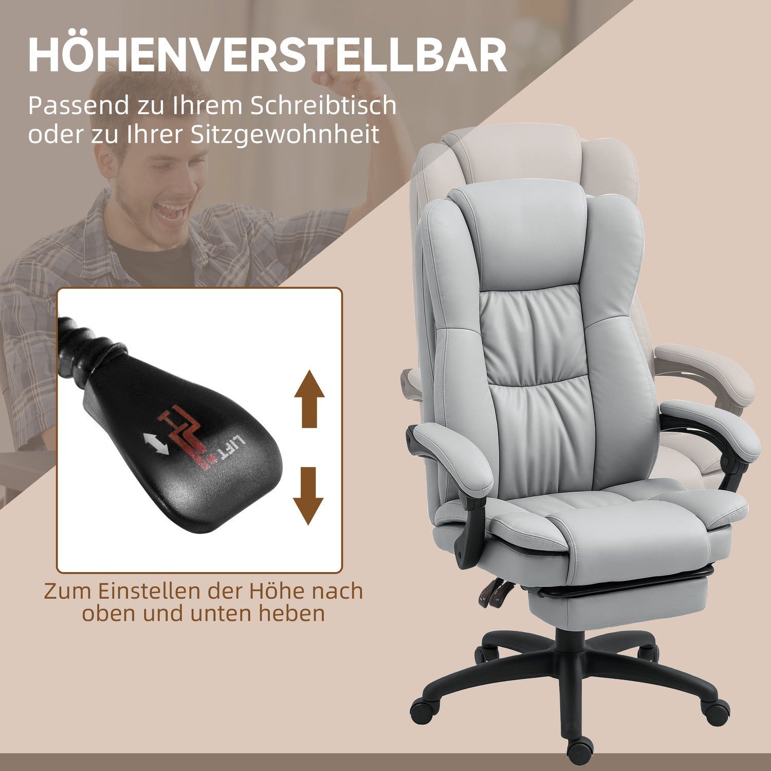 Ergonomische bureaustoel met massage, kantelfunctie, voetensteun, grijs