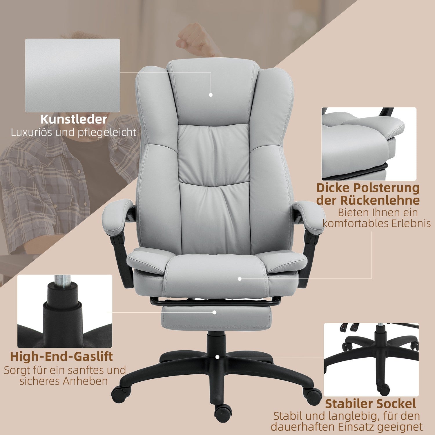 Ergonomische bureaustoel met massage, kantelfunctie, voetensteun, grijs