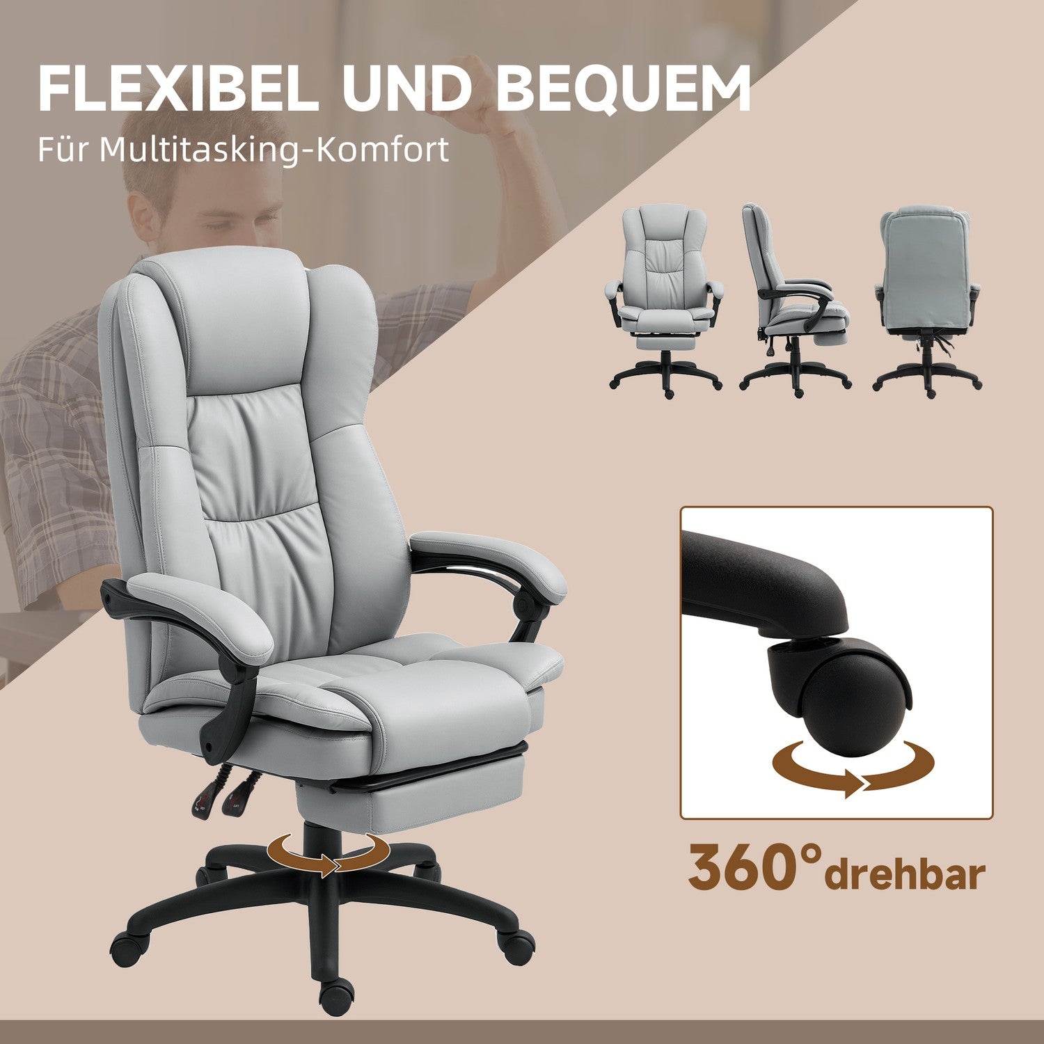 Ergonomische bureaustoel met massage, kantelfunctie, voetensteun, grijs