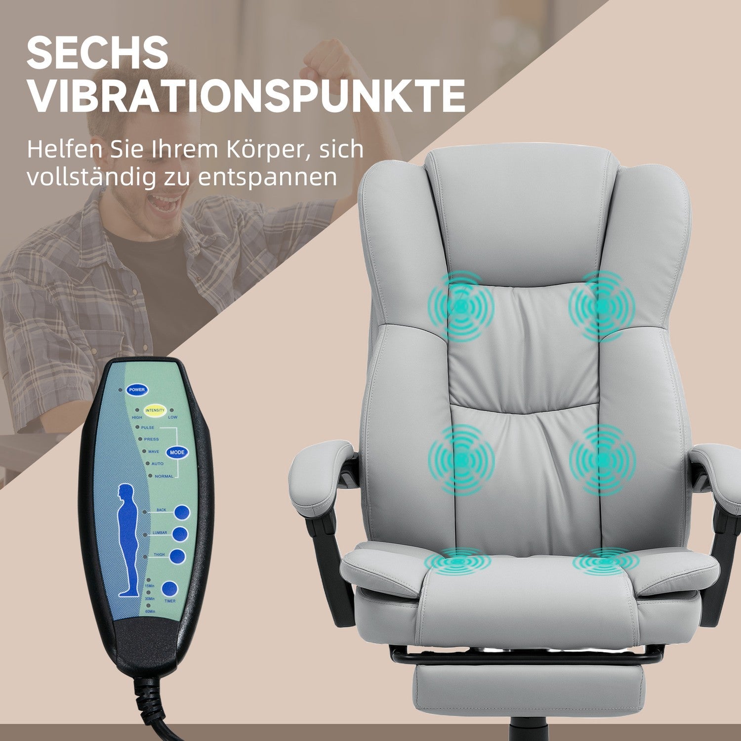 Ergonomische bureaustoel met massage, kantelfunctie, voetensteun, grijs