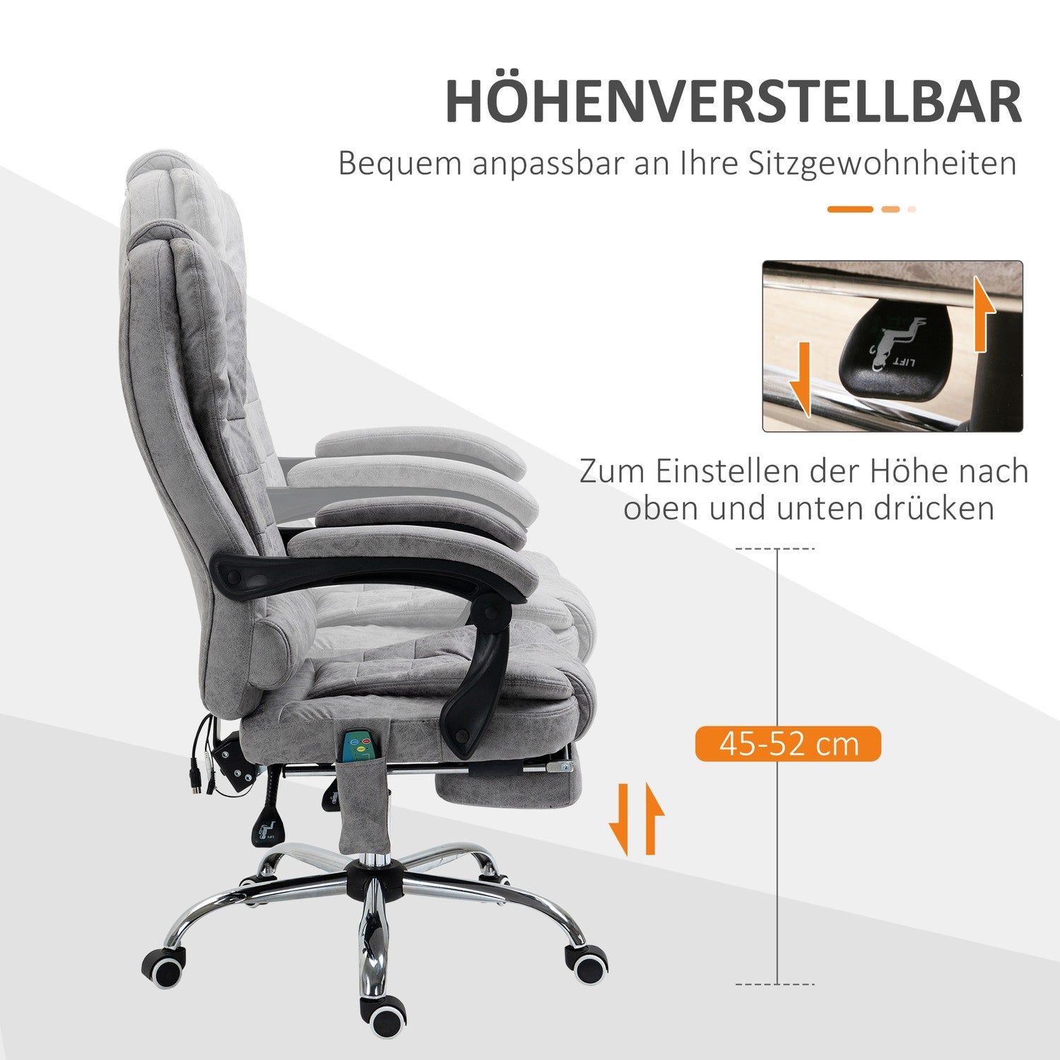 Ergonomisk kontorsstol med massage, lutning & värme, grå