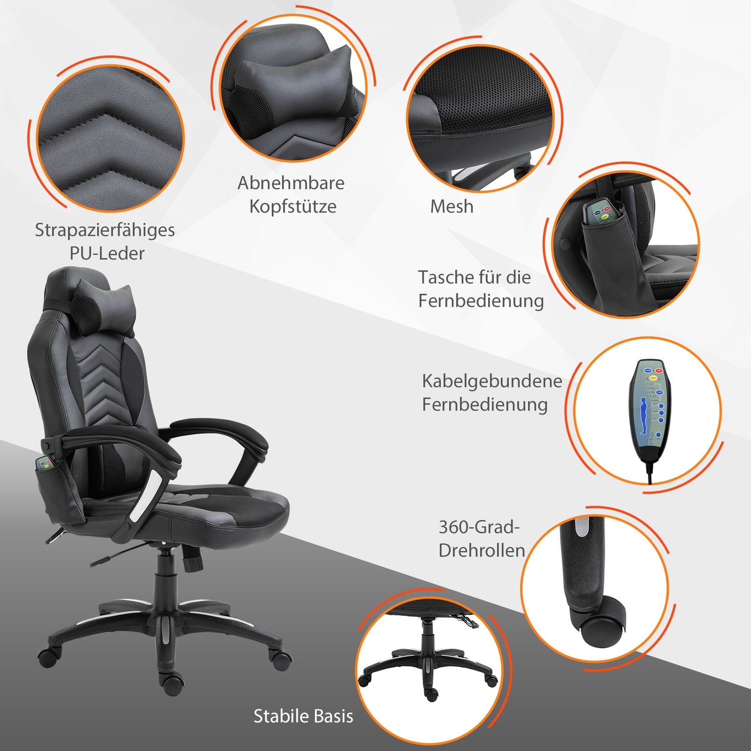 Ergonomische massagestoel in zwart kunstleer met warmte en vibratie