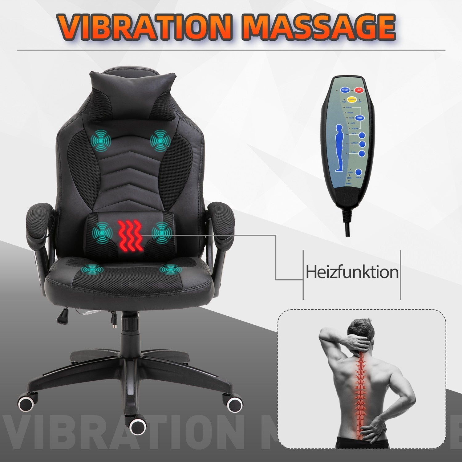 Ergonomische massagestoel in zwart kunstleer met warmte en vibratie