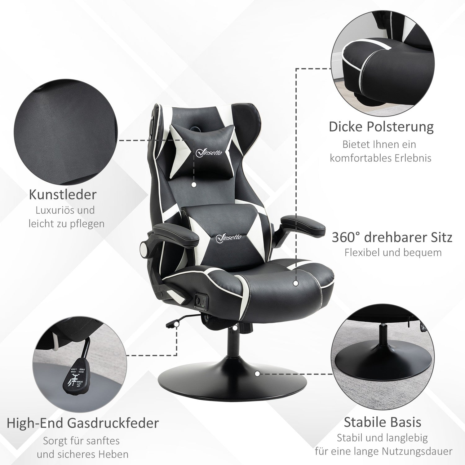 Ergonomisk spelstol med högtalare, justerbar höjd, konstläder