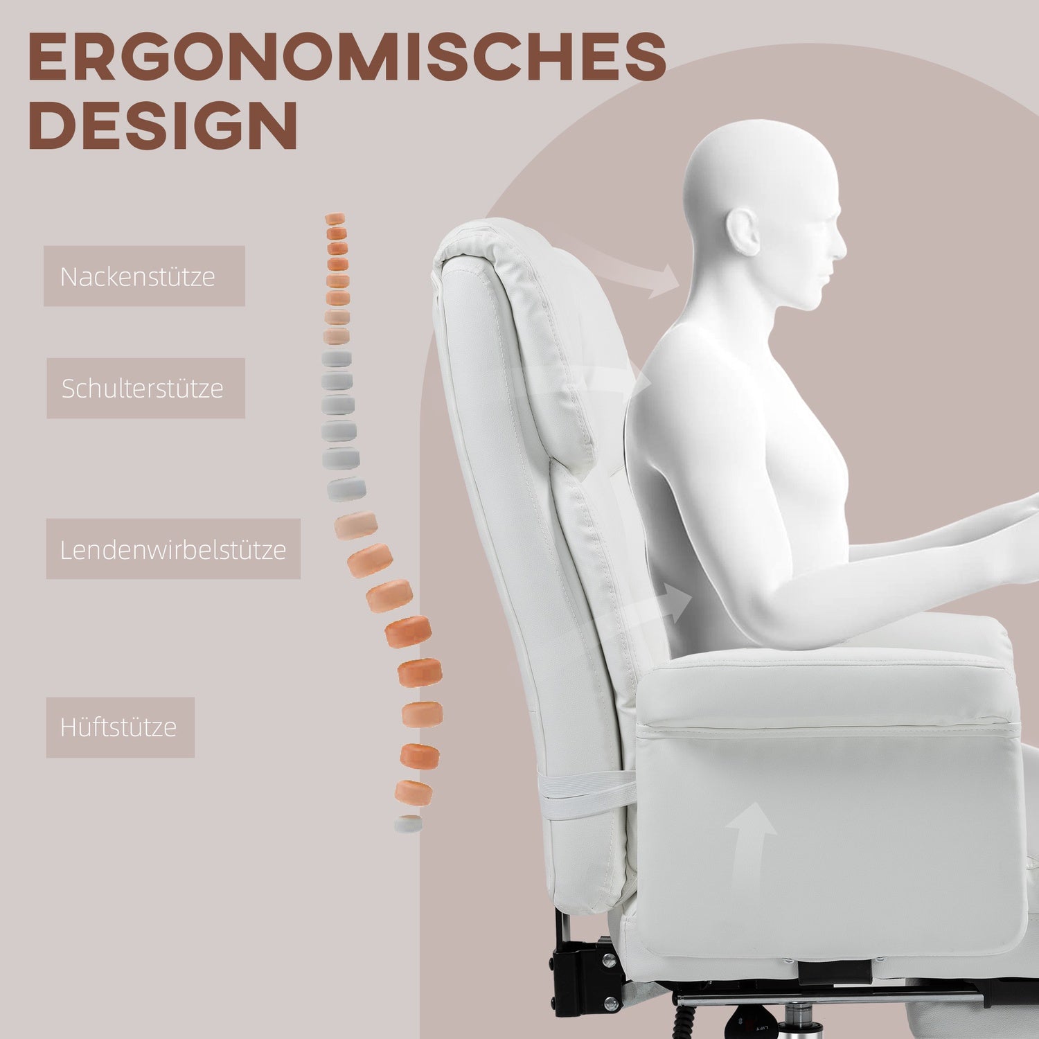 Sedia da ufficio ergonomica bianca, reclinabile e girevole, supporto lombare
