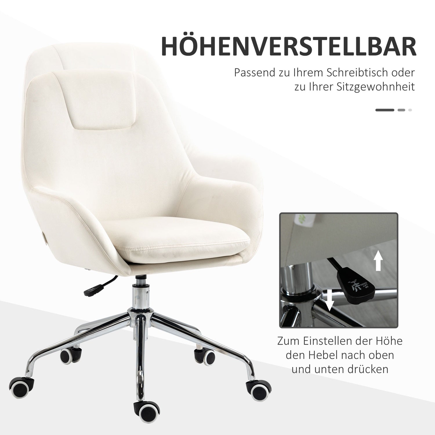 Ergonomische draaibare bureaustoel, in hoogte verstelbaar, fluweel crèmekleurig