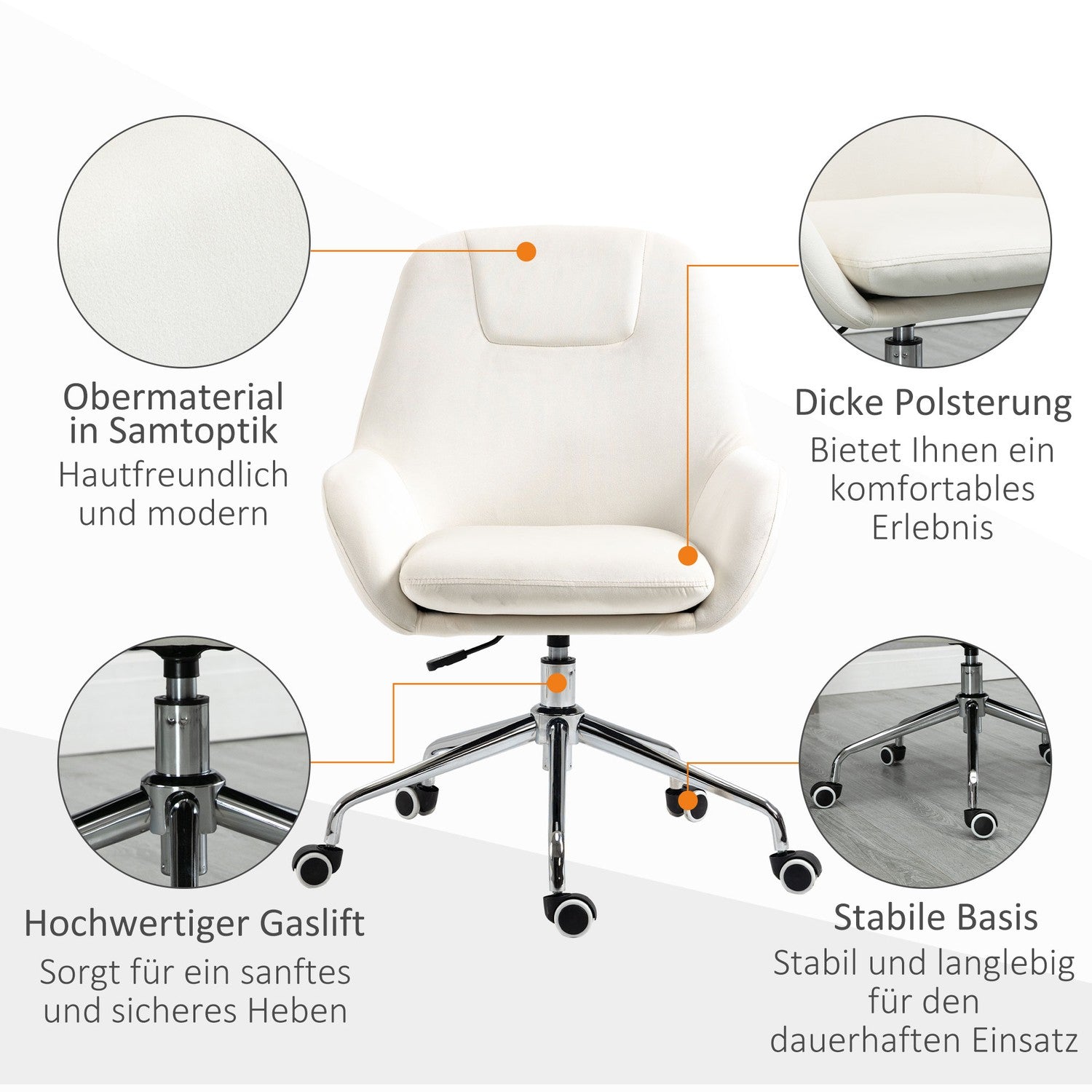 Ergonomische draaibare bureaustoel, in hoogte verstelbaar, fluweel crèmekleurig
