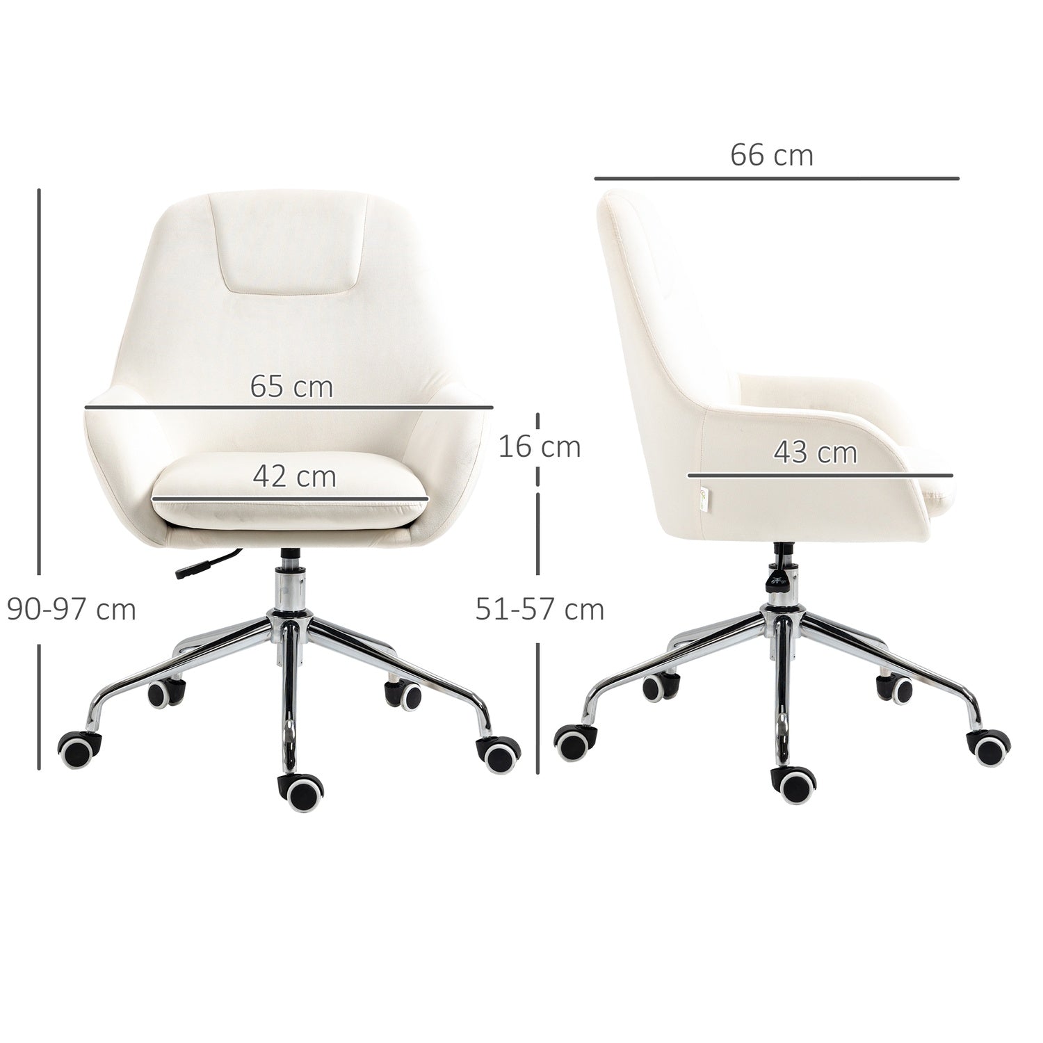Ergonomische draaibare bureaustoel, in hoogte verstelbaar, fluweel crèmekleurig